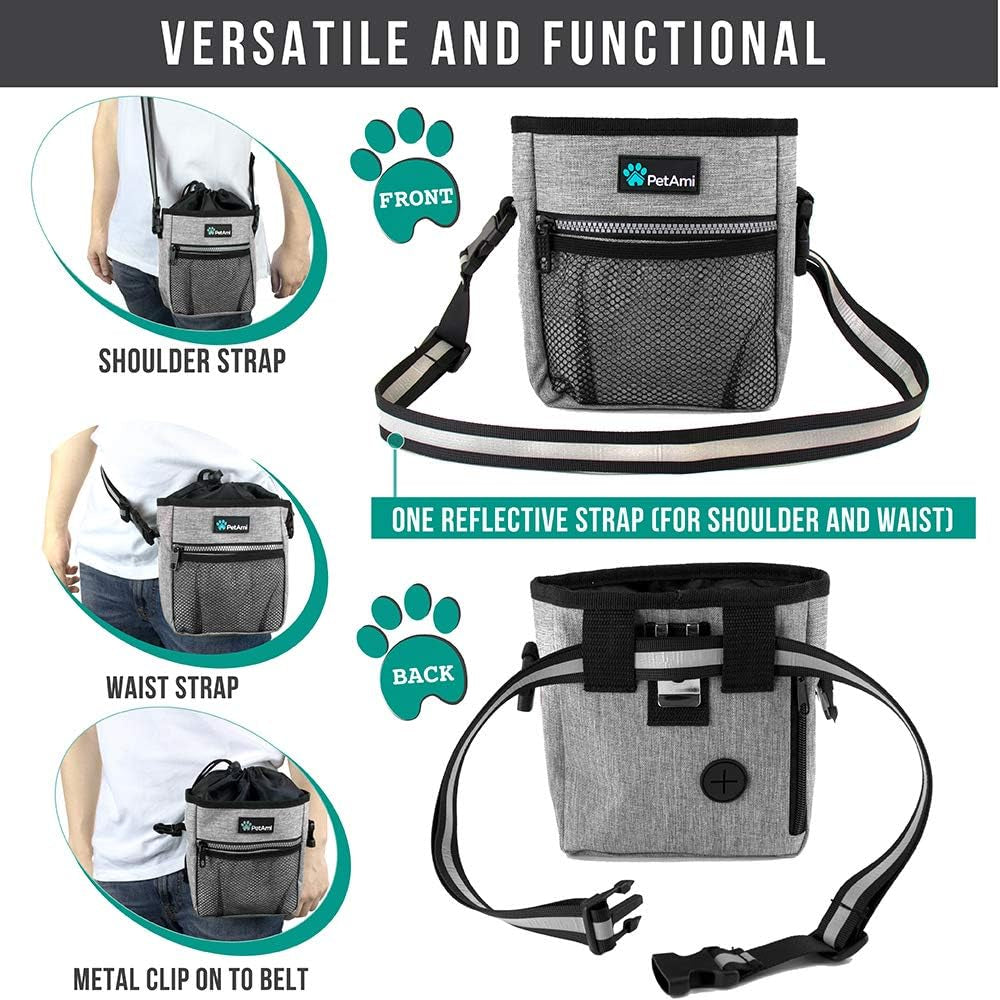 Dog Treat Pouch | Dog Training Pouch Bag with Waist Shoulder Strap, Poop Bag Dispenser and Collapsible Bowl | Treat Training Bag for Treats, Kibbles, Pet Toys | 3 Ways to Wear