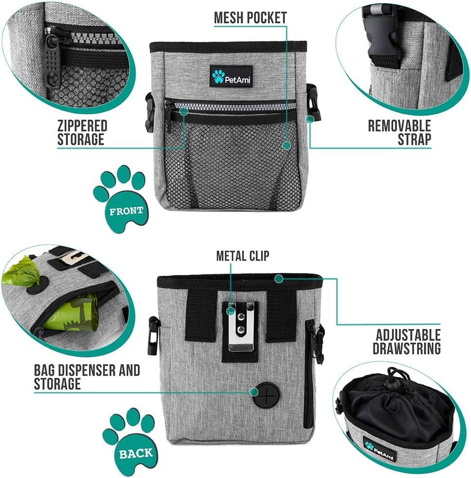 Dog Treat Pouch | Dog Training Pouch Bag with Waist Shoulder Strap, Poop Bag Dispenser and Collapsible Bowl | Treat Training Bag for Treats, Kibbles, Pet Toys | 3 Ways to Wear