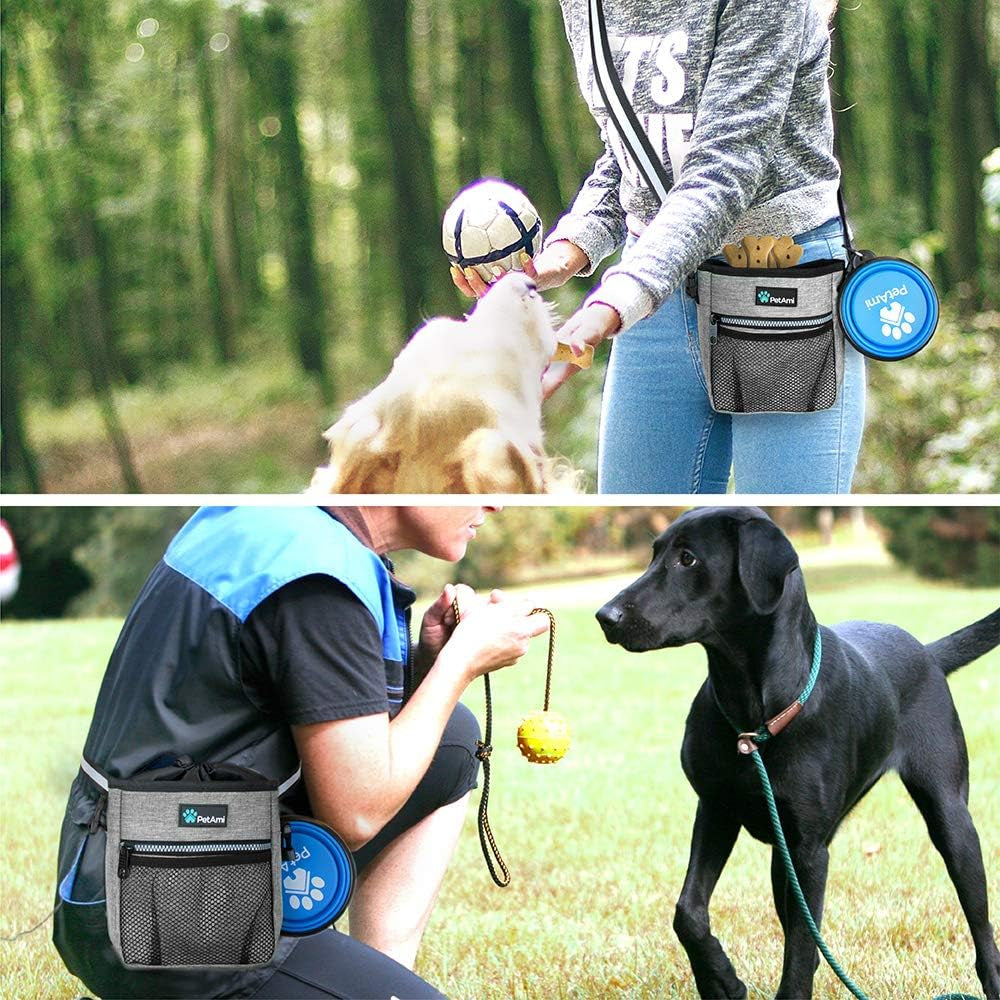 Dog Treat Pouch | Dog Training Pouch Bag with Waist Shoulder Strap, Poop Bag Dispenser and Collapsible Bowl | Treat Training Bag for Treats, Kibbles, Pet Toys | 3 Ways to Wear