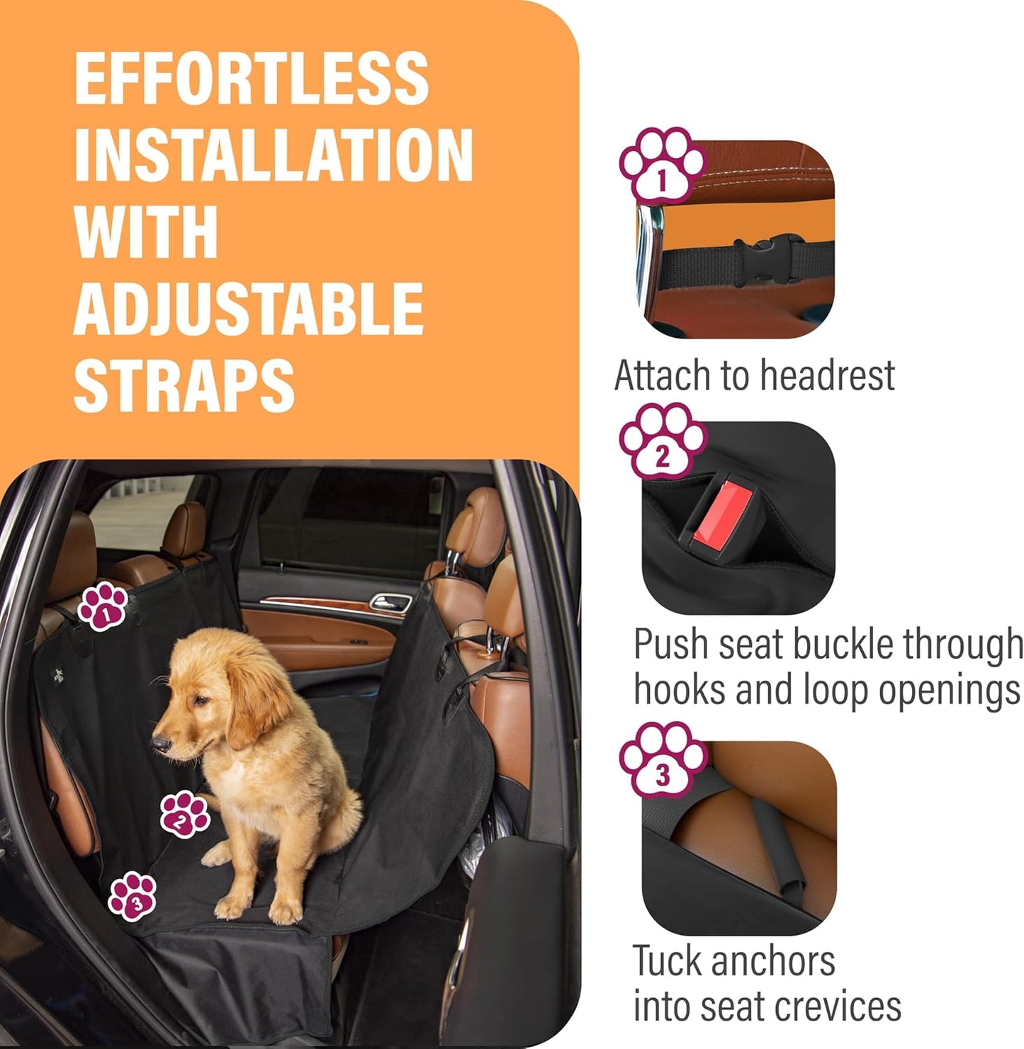 Dog Car Seat Cover Car Seat Protector- Dog Seat Cover for Back Seat of Suvs, Trucks, Cars - Waterproof & Convertible Dog Hammock for Car Backseat - Dog Travel Accessories -Orange, XL